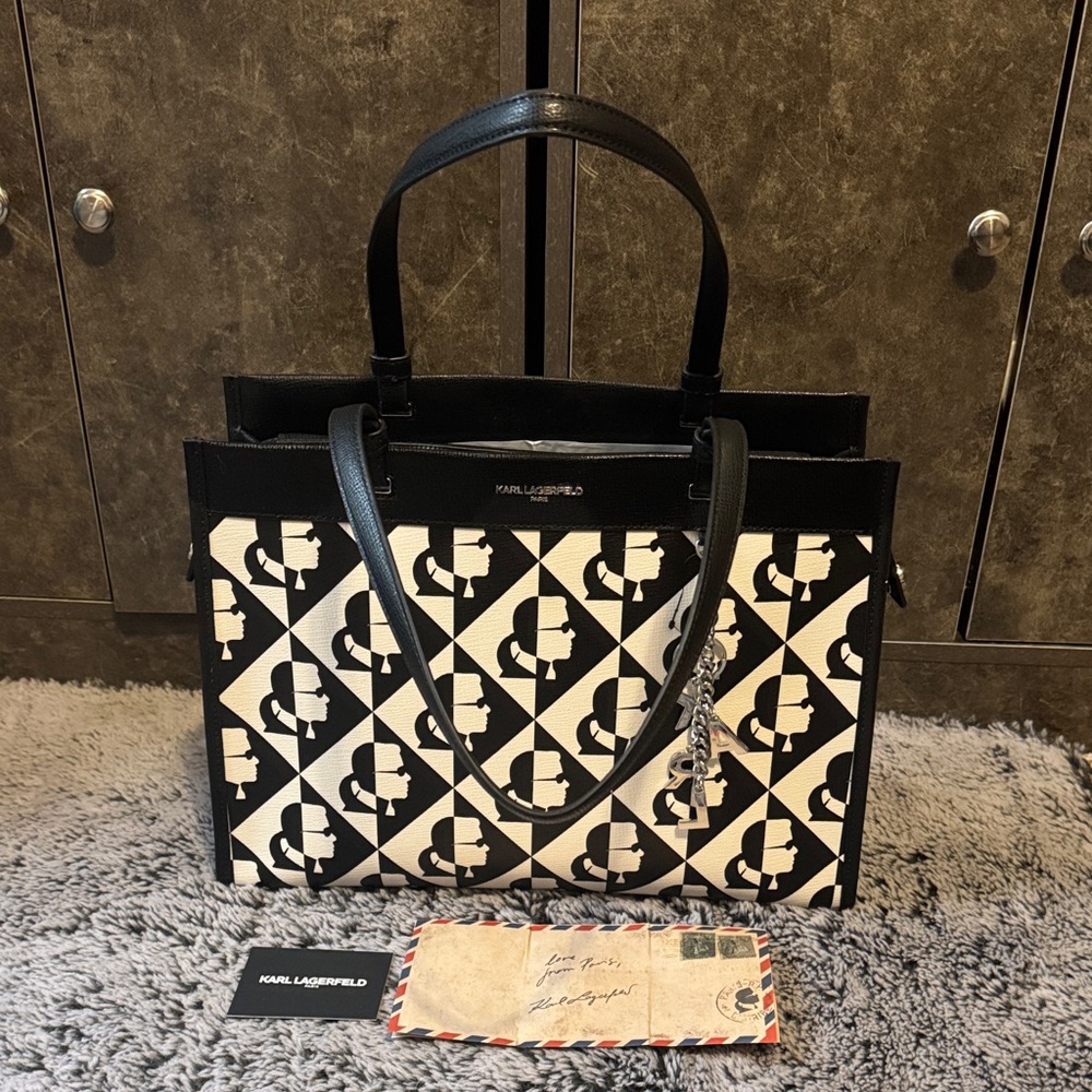 Karl Lagerfeld Black and White Geometric Logo Tote With Dustbag